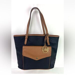 Michael Kors Jet Set Black Nylon Leather Front Snap Pocket Tote Purse